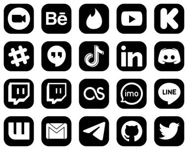 20 High-Quality White Social Media Icons on Black Background such as linkedin. china. kickstarter. video and tiktok icons. Customizable and unique