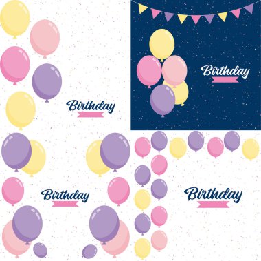 Happy Birthday text with a chalkboard-style background and hand-drawn elements such as streamers and balloons.