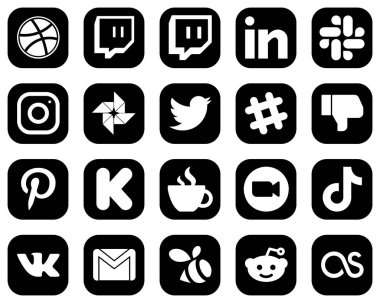 20 Attractive White Social Media Icons on Black Background such as caffeine. kickstarter. google photo. pinterest and dislike icons. Modern and professional