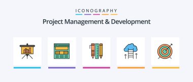 Project Management And Development Line Filled 5 Icon Pack Including pen. stationary. focus group . essential tools. modern. Creative Icons Design