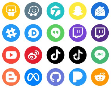 Flat Circle White Icon Set video. tiktok. twitch and sina 20 Professional Icons