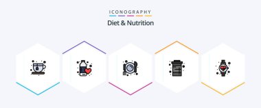 Diet And Nutrition 25 FilledLine icon pack including watch. water. cafe. soda. diet