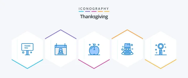 Thanks Giving Blue Icon Pack Including Pilgrim Festival Holiday Fall — ストックベクタ