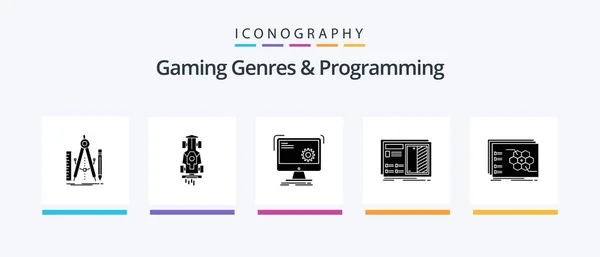 Gaming Genres Programming Glyph Icon Pack Including Drawing Blueprint Racing — Stockvector