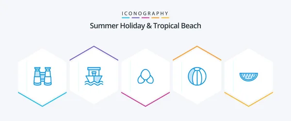 Beach Blue Icon Pack Inklusive Sommer Früchte Bikini Spielzeug Strand — Stockvektor