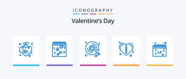 Valentines Day Blue Icon Pack Including Love Calendar Disk Zipper — Stock Vector