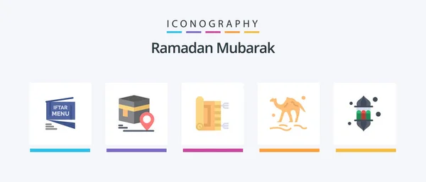 Ramadan Flat Icon Pack Inklusive Tier Kamel Landkarte Namaz Teppich — Stockvektor
