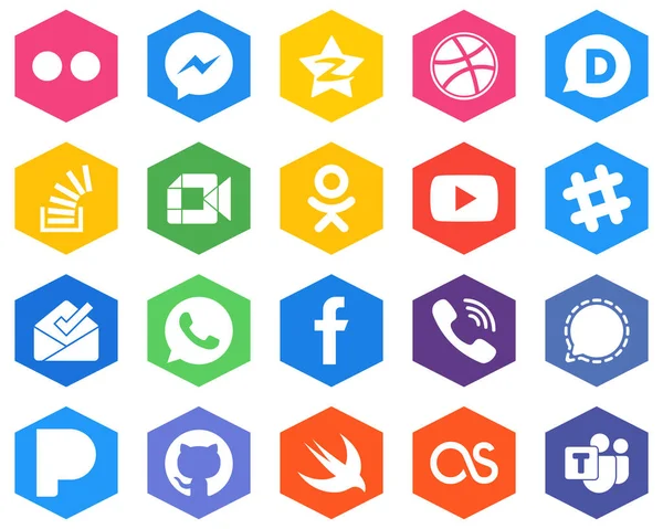 Hexagon Flat Color White Icon Pack Odnoklassniki Video Dribbble Google — Stock Vector