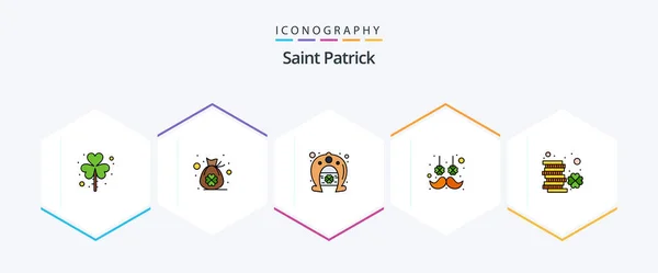 Saint Patrick Filledline Icon Pack Mit Münze Schnurrbart Glück Gehabt — Stockvektor