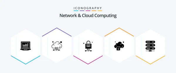 Network Cloud Computing Glyph Icon Pack Including Network Computing Locked — Stock Vector