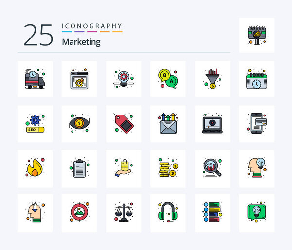 Маркетинг 25 линия Заполненный пакет значков, включая SEO. воронка. бизнес. фильтр. вопрос