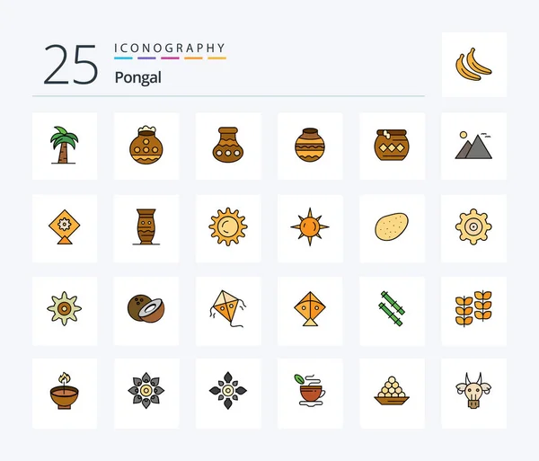 Pongal Line Filled Icon Pack Including Kite Pyramid Sand Landmark — ストックベクタ