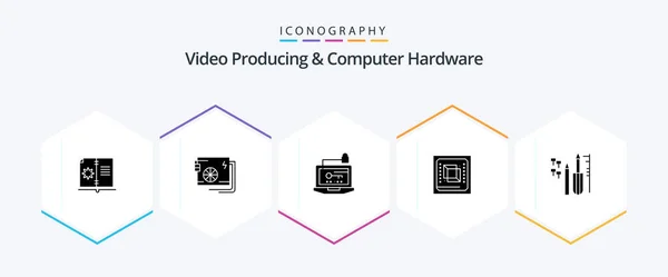 Video Produrre Computer Hardware Glyph Icon Pack Compreso Hardware Computer — Vettoriale Stock