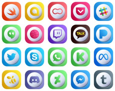 Cute 3D Gradient Social Media Icons Pack 20 icons such as kickstarter. chat. dribbble. skype and twitter icons. Fully Editable and Customizable