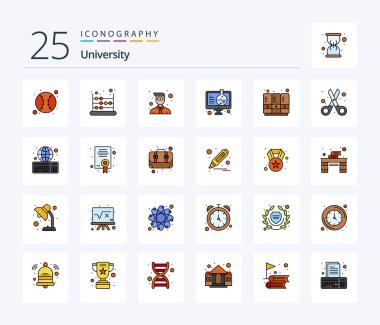 University 25 Line Filled icon pack including sports lockers. science. bachelor. online. experiment