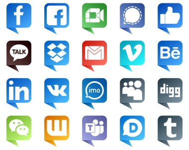20 Minimalist Chat bubble style Social Media Icons such as video. mail. email and dropbox icons. Editable and high resolution