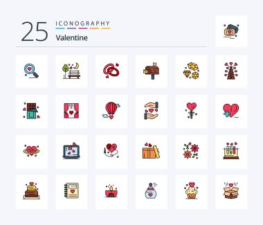Valentine 25 Line Filled icon pack including letter. mail. park. mail box. engagment ring