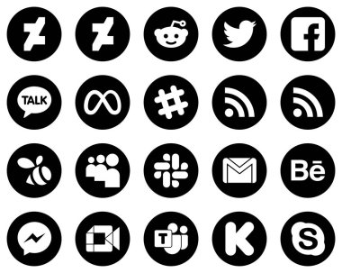 20 Customizable White Social Media Icons on Black Background such as email. slack. meta. myspace and feed icons. Clean and minimalist