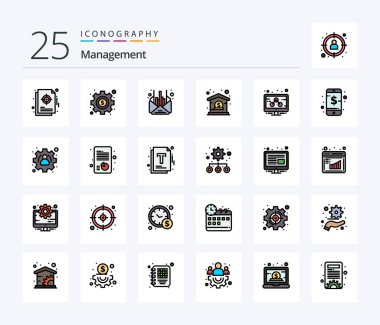 Management 25 Line Filled icon pack including management. management. mail. dollar. bank