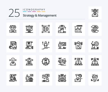 Strategy And Management 25 Line icon pack including chess. up. board. strategy. cog wheeld printer