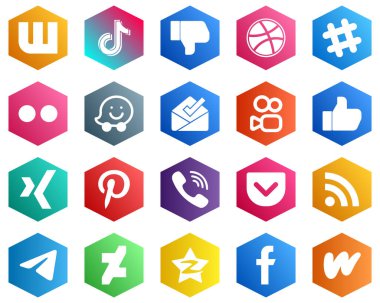 Hexagon Flat Color White Icon Set such as xing. like. dribbble. kuaishou and waze icons. 25 Innovative Icons