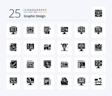 Graphic Design 25 Solid Glyph icon pack including computer . color fill. designing tool . color drop . bucket