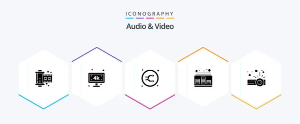 Audio Video Glyph Pictogram Verpakking Met Inbegrip Van Geluid Niveau — Stockvector