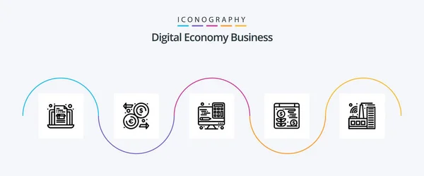 Digital Economy Business Line Icon Pack Včetně Továrna Počítač Budovy — Stockový vektor