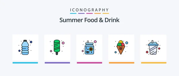Summer Food and Drink Line Filled 5 Icon Pack Including orange juice. fruit. kiwi. drink. snack. Creative Icons Design