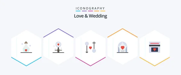 Love Wedding Плоский Набор Значков Включая Любовь Арка Поиск Страсть — стоковый вектор