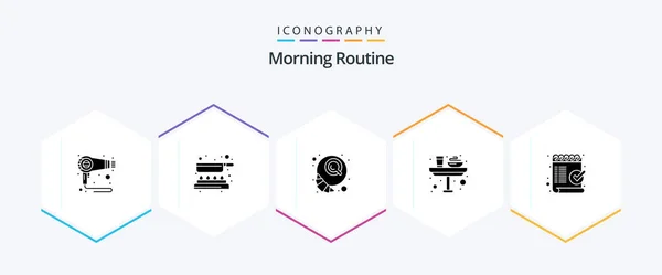 Morning Routine Glyph Icon Pack Including Check Glass Breakfast Food — Stock Vector