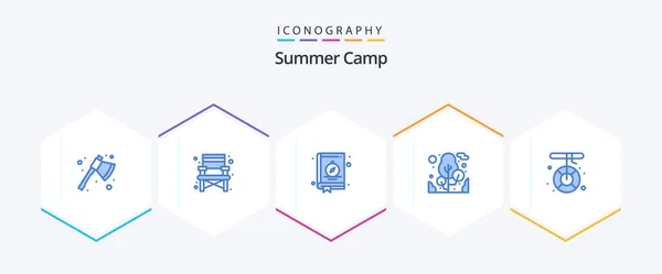 Summer Camp Blue Icon Pack Including Melting Camping Book Boat — 스톡 벡터