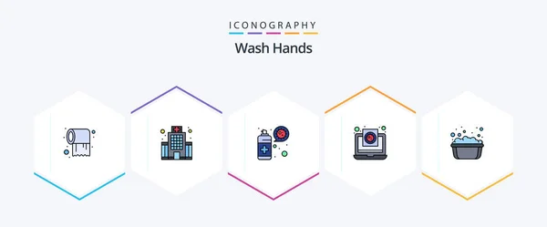 Pack Iconos Wash Hands Filledline Incluyendo Lavabo Informe Limpieza Médico — Archivo Imágenes Vectoriales