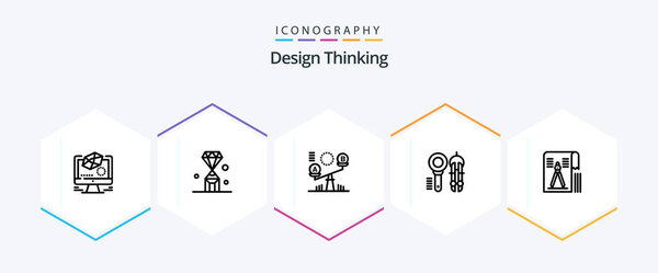 Пакет значков Design Thinking 25 Line, включая инструмент. дизайн. Стоимость. поиск. seesaw