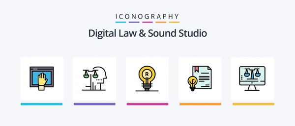 Digital Law Sound Studio Line Riempito Pacchetto Icone Compreso Copyright — Vettoriale Stock