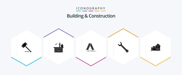 Building Construction Glyph Icon Pack Including Wrench Construction Conveyance Building — Vector de stock