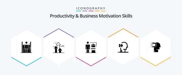 Productivity Business Motivation Skills Glyph Icon Pack Including Solutions Psychology — Stock Vector