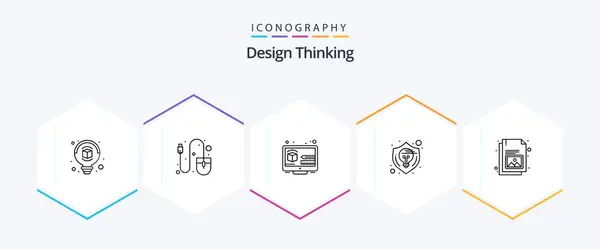 Design Thinking Line Icon Pack Including Document Thinking Design Shield — Stockvektor