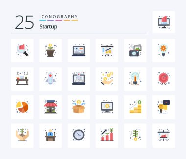 Startup 25 Flat Color icon pack including photography. investment. coding. income. assets