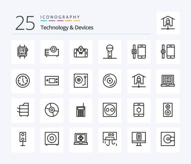 Devices 25 Line icon pack including technology. microphone. technology. electronics. start