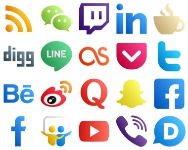 20 Gradient Social Media Brand Icons such as weibo. tweet. streaming. twitter and lastfm icons. Modern and high quality