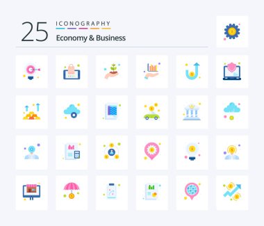 Economy And Business 25 Flat Color icon pack including finance. hand. growth. data. analysis