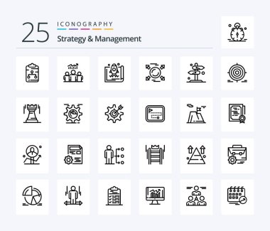 Strategy And Management 25 Line icon pack including direction. circle. chart. promote. startup