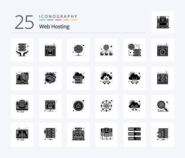 Web Hosting 25 Solid Glyph icon pack including server. global. internet. connect. folders