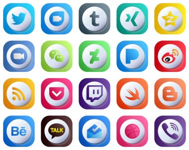 Cute 3D Gradient Icons for Major Social Media 20 pack such as sina. pandora. zoom. deviantart and wechat icons. Modern and High-Resolution