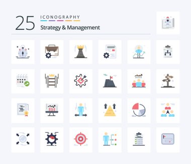 Strategy And Management 25 Flat Color icon pack including setting. document. engineer. fort. strategy