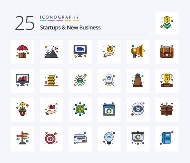 Startups And New Business 25 Line Filled icon pack including marketing. payment. success. money. online meeting