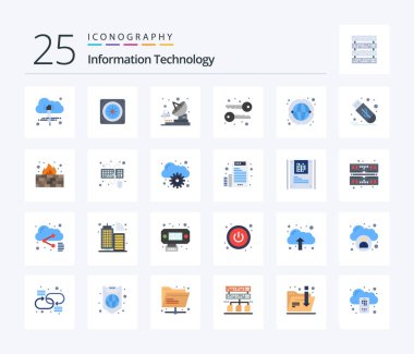 Information Technology 25 Flat Color icon pack including flash. worldwide. transmitter. network. communication