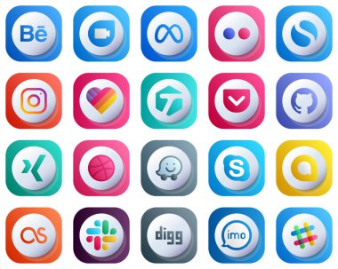 20 Cute 3D Gradient Social Media Brand Icons such as skype. dribbble. meta. xing and pocket icons. Customizable and Stylish