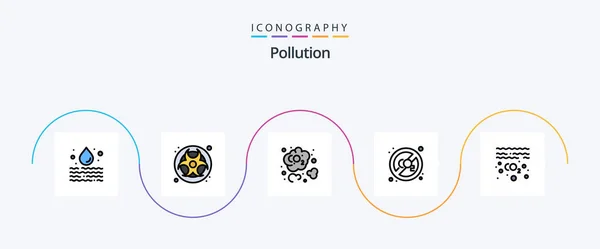 Pollution Line Filled Flat Icon Pack Including Oil Carbon Gas — Vettoriale Stock